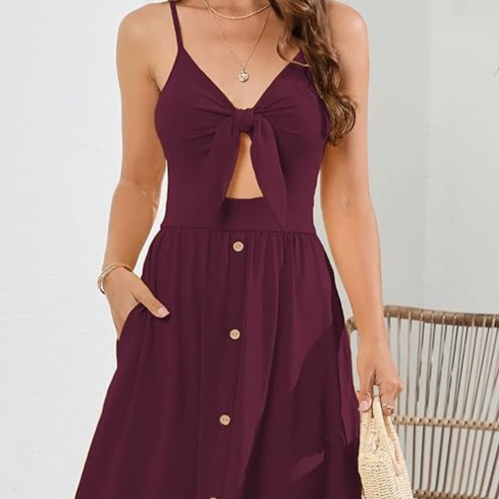LAISHEN Womens Burgun Sundress V Neck Tie Knot Front Spaghetti Strap Dress